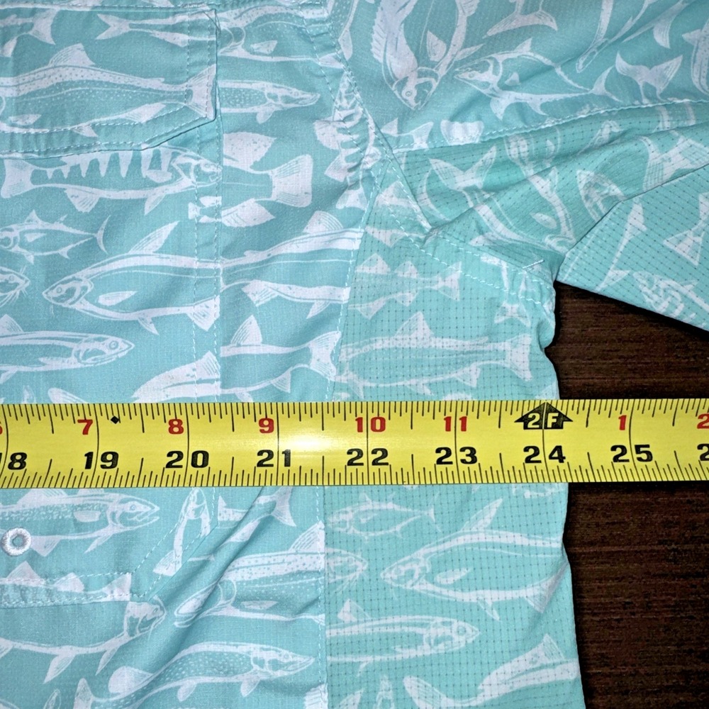 Habit Fishing Shirt River Run Aqua Splash White Fish Print Men's Size L UPF 50 - Picture 5 of 8